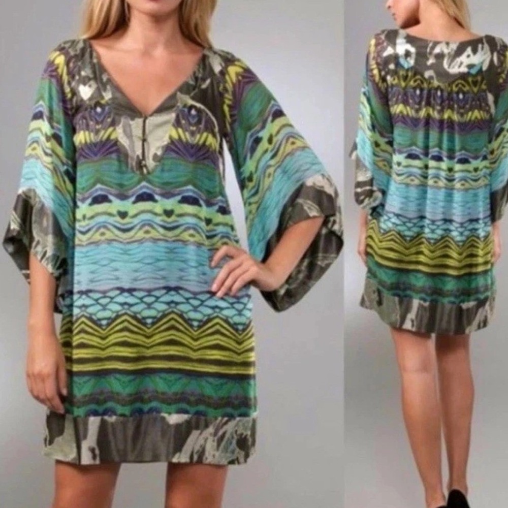 Diane von Furstenberg Tabalah Silk Tunic Dress Blue Green Art Deco Abstract 4